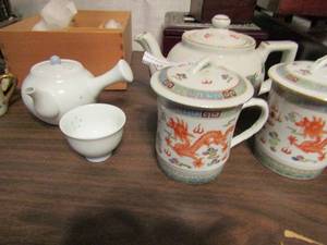 lot 638 image: Japanese white tea set with pot, 5 cups, teapot with matching dragon mugs Coffee tea and my friends china 2 cups 5 plates and more