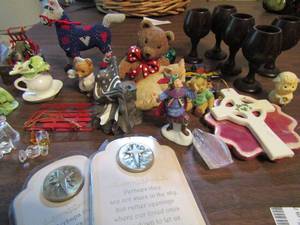 lot 651 image: Assorted figurines glass, porcelain, wood and green crystal clock