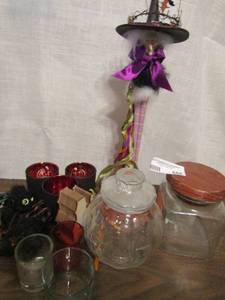 lot 654 image: Halloween tall witch, 3 piece candle set pumpkin jar and more