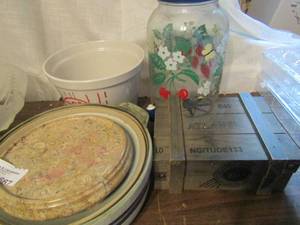 lot 667 image: Glass pitcher, marble candle stand, stoneware popcorn bowl and more