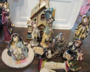 lot 684 image: Blue sky clay works- House, apple core pencil topper, parts of nativity  12 pieces total