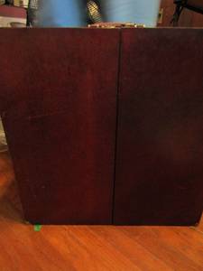 lot 690 image: Wooden doll trunk has mirror 3 drawers clothing rack 20x20x9