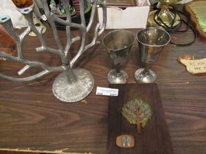 lot 697 image: 2 silver goblets, Menorah and Tree of Life plaque