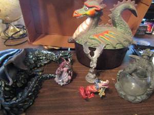 lot 700 image: Dragon lot stone pot with dragon lid pewter figurines and more