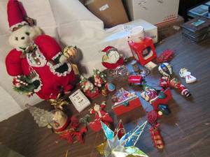 lot 711 image: Christmas lot- Stained glass tree topper, Tilly collectable christmas deer, stocking hangers and more