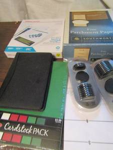 lot 746 image: office storage bin, page dividers box of parchment paper, 2 cardstock packs and more