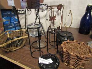 lot 757 image: Box full of stands baskets candle holders and ornament hangers