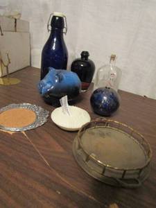 lot 758 image: Tumbleweeds pottery reg bank hour glass ball oil burner blue vintage milk bottle