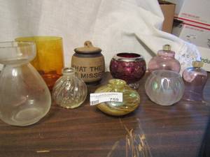 lot 759 image: Blown glass oil burners 2 pink candle holders Pottery pot, orange glass vase