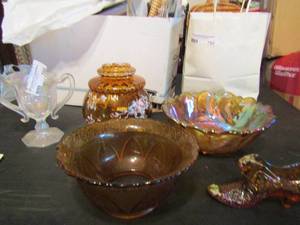 lot 760 image: Fenton- good luck double handle cup hand painted glass boot, carnival glass bowl hand painted orange glass bowl
