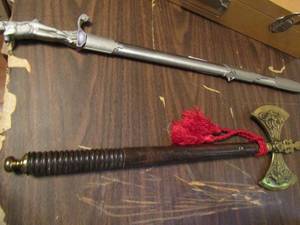 lot 768 image: Battle Axe DISPLAY   Stainless steel sword  man on front with snake