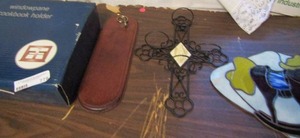 lot 778 image: Stain glass Rockin bony votive cross wall window pair cookbook rest