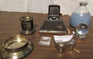 lot 786 image: SILVERPLATE Lot - INKWELL, trinket , glass ball on stand , pottery and other pieces