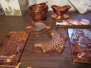 lot 790 image: Copper lot- cookie cutters, food molds, 6 mixing bowls and gravy boat