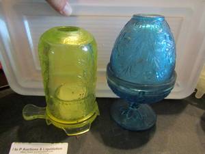 lot 826 image: Fenton fairy lights x 2 one blue with floral design and one green with leaf
