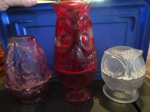lot 829 image: Fenton fairy lights x 3- red owl, frosted owl violet with strawberries