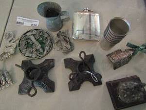 lot 836 image: Pewtermetal lot- 6 shot glasses cup, candle holders, dragons castles