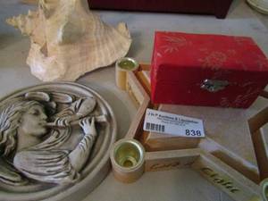 lot 838 image: Misc. lot- candle holders, conch shell, chinese stress ball and more