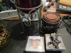lot 843 image: Misc. lot-   tall red glass candle stand, 6 coasters, and more