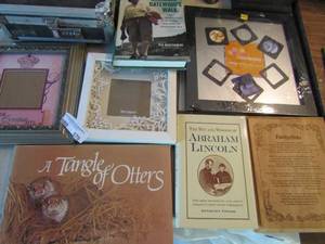 lot 879 image: 5 books, picture frames and wall plaque