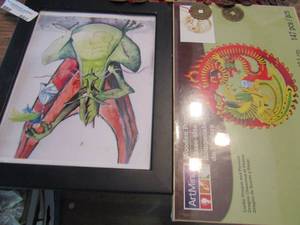 lot 883 image: wooden dragon puzzle, framed water color of dragon and 2 chinese coin wind chimes