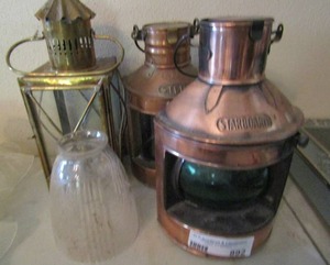 lot 892 image: 2 starboard oil lamps, oil lantern, tea knight lantern and more