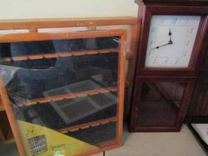 lot 942 image: Fet co. clock  with shelf inside, hanging shelf with heart plus 24 spoon display