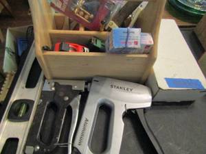 lot 946 image: Backlight, staple gun, level, wood tool caddy and more