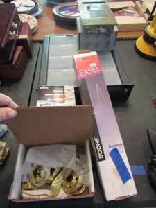 lot 949 image: Plastic organizing case, vintage small mailbox, dryer duct, easel and drawer handles