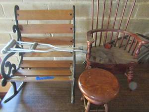 lot 969 image: Doll size rocking bench, stool, chair and crutches