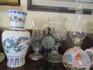 lot 965 image: Asian vase with dragon , ceramic jug style oil lamp 2 candle holders and more