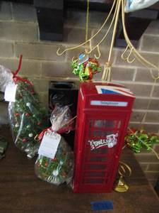 lot 971 image: Telephone box, christmas tree ornament hanger with 3 ornaments and more