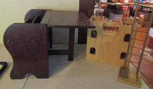 lot 995 image: Magazine rack small table 14 tall 20 deep 16 wide plus stair dcor and castle that opens