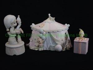 lot 108 image: Precious Moments by Enesco figurines including unique music box and circus tent night light as shown