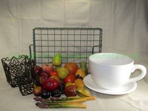 lot 117 image: Artificial fruit decor, large figural coffee cup and saucer planter and more