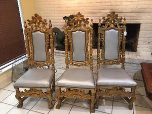 lot 10 image: 3-vintage Throne -High Back Ornate Leather And Wood Side Chairs