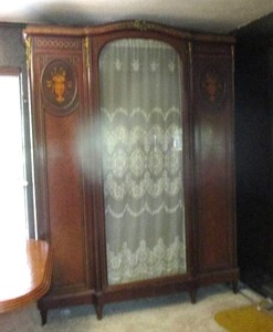 lot 3 image: Antique 3-Door Armoire Wardrobe Storage Closet, With Center Glass Door