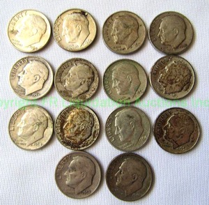 lot 130 image: Silver pre 1965 Roosevelt dimes 14 count (Bid is times the quantity)
