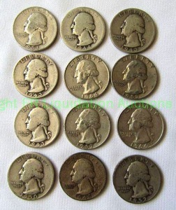 lot 131 image: Silver pre 1965 Washington quarters 12 total (Bid is times the quantity)