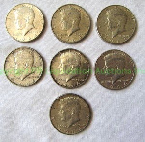 lot 132 image: Silver pre 1965 Kennedy half dollars 7 total (Bid is times the quantity)