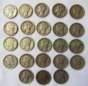 lot 134 image: Silver Mercury dimes 23 total (Bid is times the quantity)