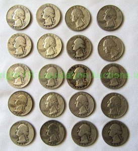 lot 136 image: Silver pre 1965 Washington quarters 20 total (Bid is times the quantity)