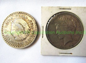 lot 137 image: Silver 1924 Peace dollar and Silver .900 1948 Mexican cinco pesos (Bid is times the quantity)