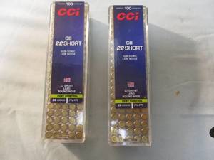 lot 70 image: 2- 100-Rounds Of CCI-CB 22-SHORT, Sub Sonic,-Low Noise, 29-Gr. Lead round Nose, 710-FPS, Pest Control Cartridges.