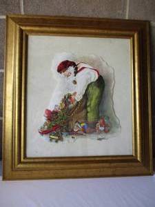 lot 42 image: Vintage- Framed Cut Out Under Glass,  Of Santa With Bag of Toys