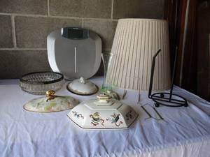lot 48 image: Mixed Lot- Vintage Bowl, Mixed Lids, Shade, Crystal-Green Tint Etched Glass And House Hold Items.