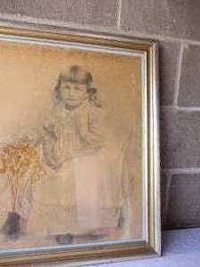 lot 41 image: Vintage-Little Girl Print With Real Flowers Under Glass.