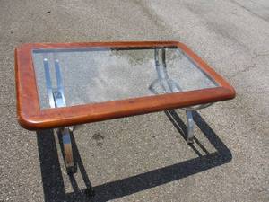 lot 73 image: Glass And Wood Top, With Metal Legs Coffee Table