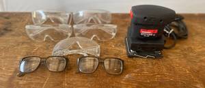 lot 57 image: DRILLMASTER ORBITAL HAND SANDER 120V ITEM 61509 AND 7 PAIR OF PROTECTIVE EYEWARE