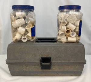 lot 67 image: TOOLBOX & 2 LARGE JARS FULL OF PVC FITTINGS
